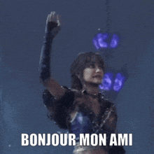 a video game character says bonjour mon ami in front of a dark background