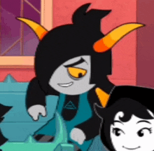 a cartoon character with horns is standing next to another cartoon character with horns .