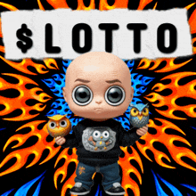 a baby is holding two owls and a sign that says $ lotto