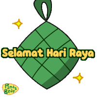 a cartoon of a bear wrapped in a green item with the words " selamat hari raya " on it