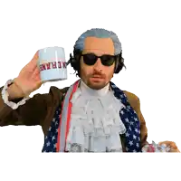 a man in a wig and sunglasses pours tea into a mug that says be