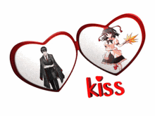 a couple of hearts with the word kiss in red letters