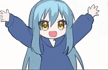 a drawing of a girl with blue hair and yellow eyes raising her arms