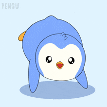 a blue and white penguin with orange feet and the word pengu on the bottom right