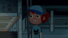 a cartoon character wearing a blue hat and a blue shirt with a black cat on it