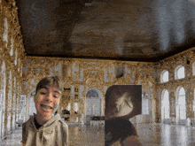a boy with braces on his teeth is standing in front of a large room
