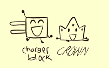 a drawing of a charger block and a crown on a yellow background