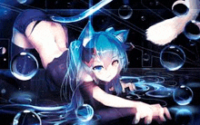 a girl with cat ears is laying on the floor with bubbles in the background .