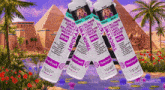 four bottles of trickini silicone sit in front of a pyramid and palm trees