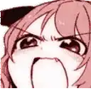 a close up of a girl with pink hair making a funny face with her mouth open .