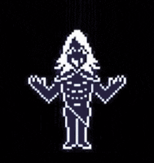 a pixel art drawing of a skeleton standing in a doorway with his arms outstretched .