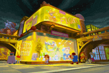 a cartoon drawing of a building with a sign that says fight