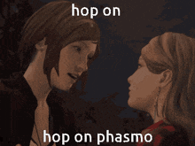two women are looking at each other and the words hop on hop on phasmo are on the bottom