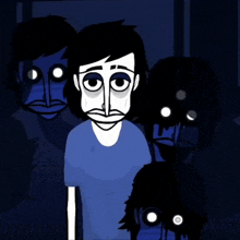 a cartoon of a man in a blue shirt surrounded by blue faces with glowing eyes