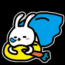 a cartoon of a bunny holding a carrot and a blue blanket