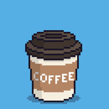 a pixel art drawing of a cup of coffee with a tomato on top