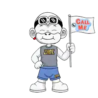 a cartoon character holding a flag with the words call me on it