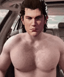 a shirtless man is sitting in the back seat of a car and looking at the camera .