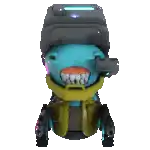 a toy robot with a helmet on and a huge mouth .