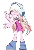 a pixel art of a girl wearing headphones and a pink dress