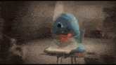 a cartoon character is sitting at a table with a box in front of him