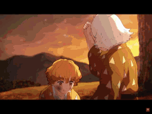 two anime characters are standing next to each other in a field with mountains in the background