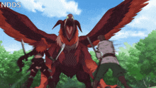a cartoon of a man fighting a large red bird with the words ndds above it