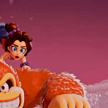 a cartoon girl riding on the back of a monkey