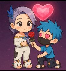 a boy in a mask is kneeling down to give a rose to a girl