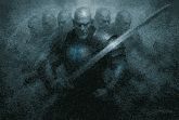 a painting of a man holding a sword in front of a row of men