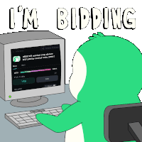 a cartoon of a dinosaur sitting in front of a computer with the words i 'm bidding above it