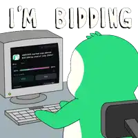 a cartoon of a dinosaur sitting in front of a computer with the words i 'm bidding above it