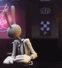 a cartoon character is sitting at a table in a bar with a neon sign in the background .