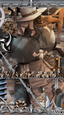 a picture of a man with a long beak is surrounded by barbed wire