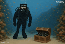 a cat in a scuba suit is pointing at a treasure chest in the ocean
