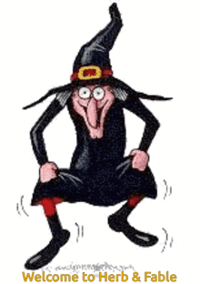 a cartoon witch is jumping in the air with the words welcome to herb & fable below it