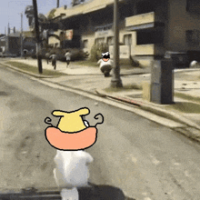 a cartoon character is walking down a street with a yellow hat on .