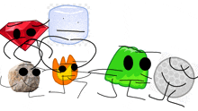 a drawing of a group of cartoon characters including a diamond a marshmallow a fireball and a golf ball