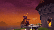 a video game scene with a dragon and a castle