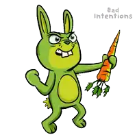 a cartoon rabbit holding a carrot with the words bad intentions written below it