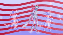 a red white and blue striped background with a person standing in front of it
