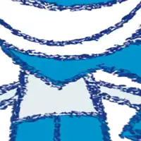 a blue and white drawing of a person with a hat on