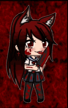 a cartoon girl with a bloody face is holding a bloody knife