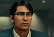 a close up of a man wearing glasses and a blue suit