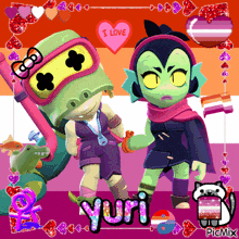 a couple of cartoon characters standing next to each other with yuri written in the middle