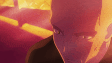 a close up of a man 's face with a purple and orange background