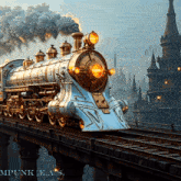 a steampunk train is going over a bridge with a castle in the background and the words mpunk ideas on the bottom
