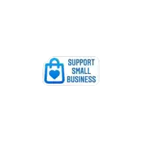 a blue sticker that says `` support small business '' with a shopping bag and a heart .
