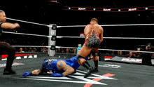 two men are wrestling in a wrestling ring with the word raw on the ring