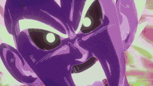 a close up of a purple cartoon character with a white eye